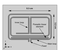 Vista dall'alto del template dell'antenna comprendente il loop principale, l'elemento parassita lineare e il loop interno.